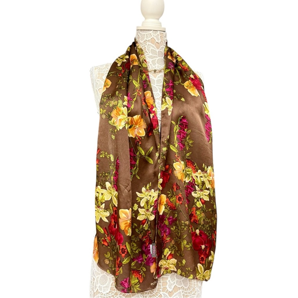Echo Brown Floral Silk Scarf Botanical Print Vintage Boho Flower Brown Silk